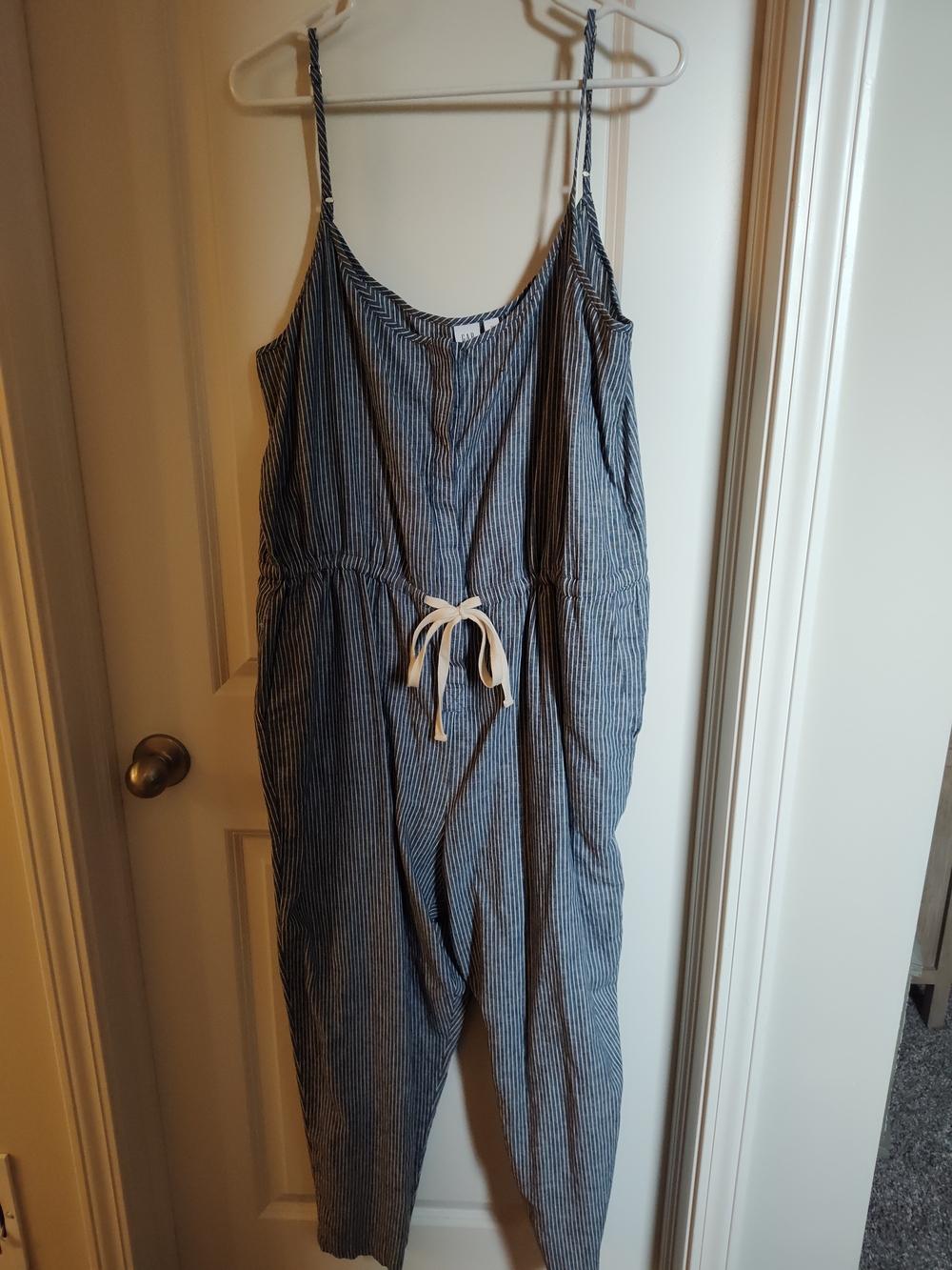 GAP Blue and White Pinstripe Sleeveless Drawstring Jumpsuit